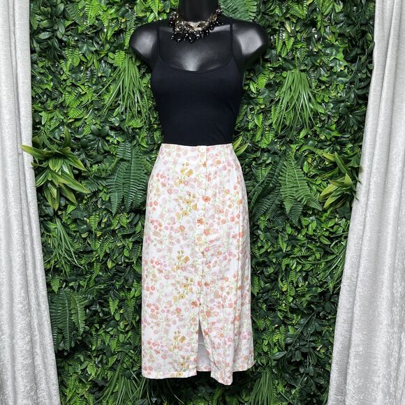 CHARLIE HOLIDAY Skirt Women 4 Cream Floral Print Midi Button‎ Accent 2488 - Picture 2 of 9